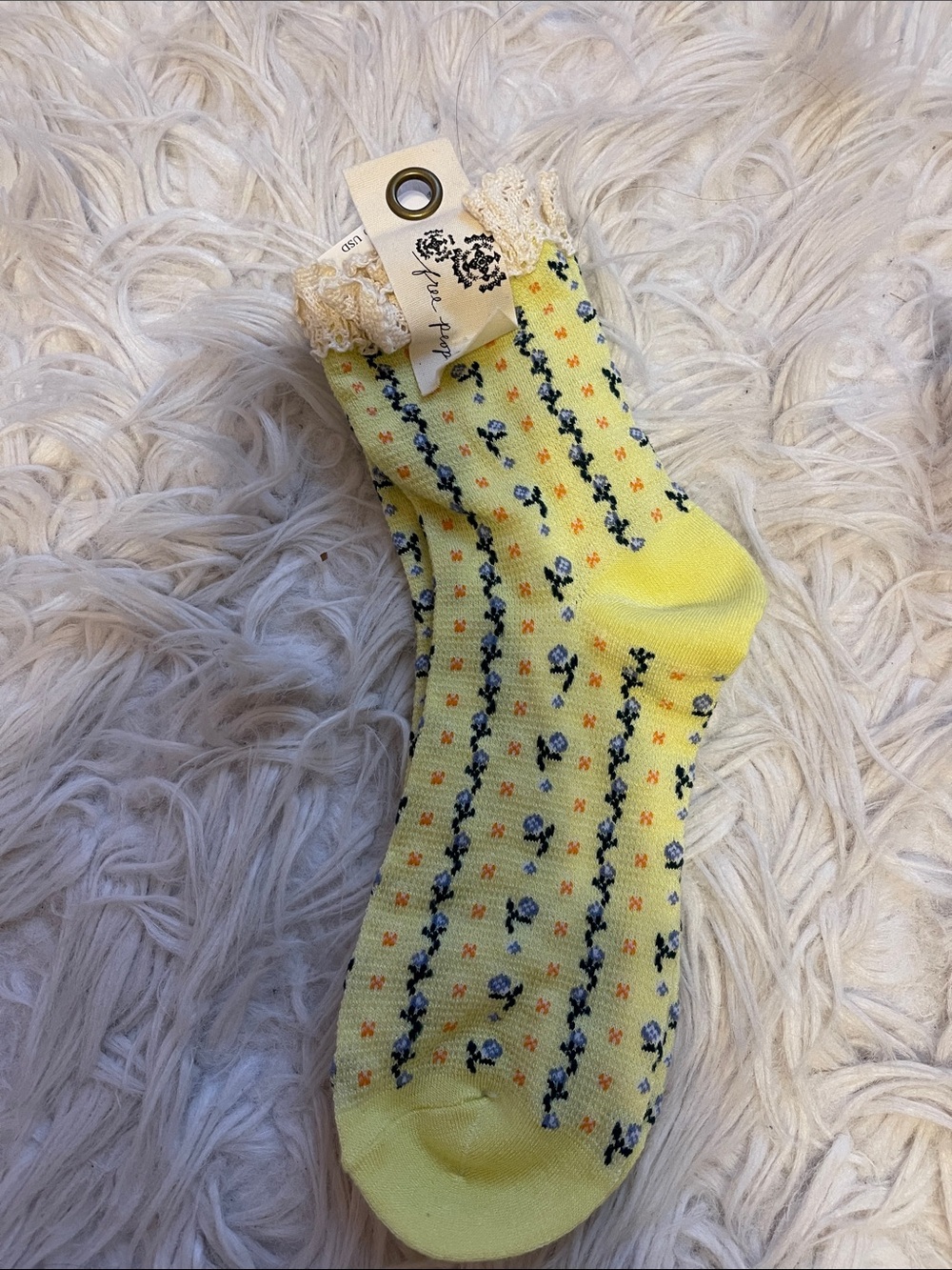 Free People Yellow Floral Lace-Trim Crew Socks